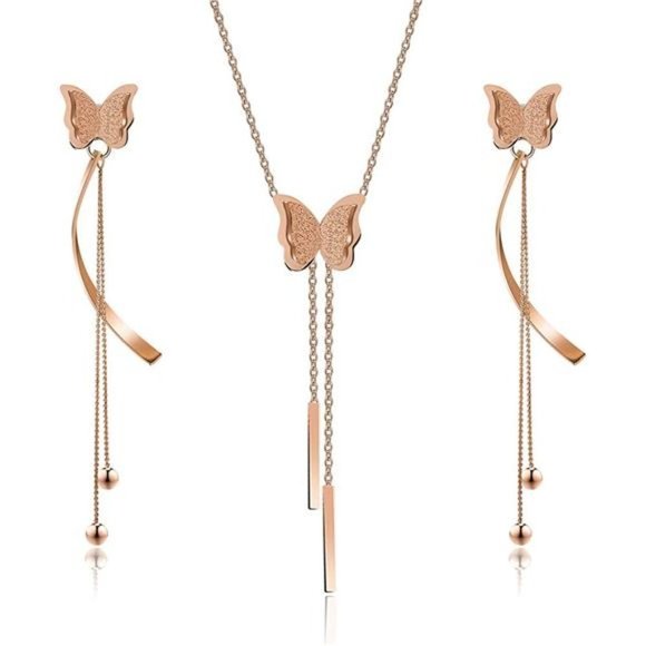 14K Rose Gold Butterfly Necklace Earrings Set for Women - Picture 1 of 5